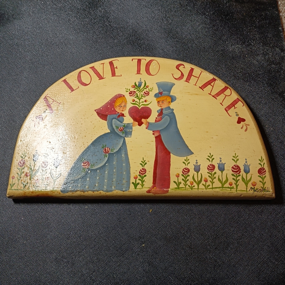 Sweet Handpainted Vintage Man and Woman Wooden plaque "A Love To Share"